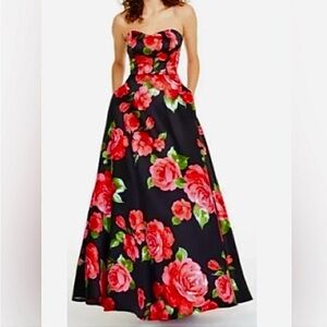Size 0 Red & Black Floral Prom Homecoming Pageant Formal Dress W/Pockets NWT
